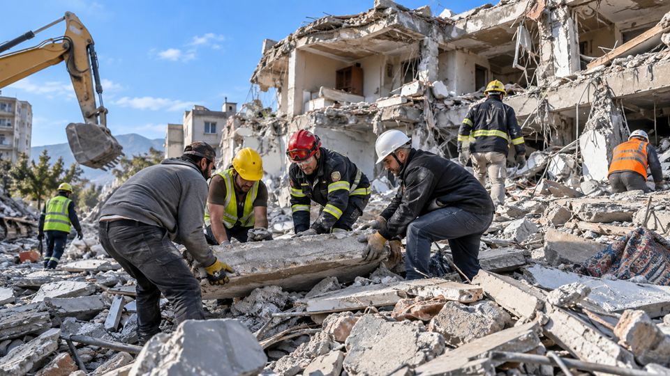 Volunteers and rescue workers lifting a concrete slab after an earthquake
