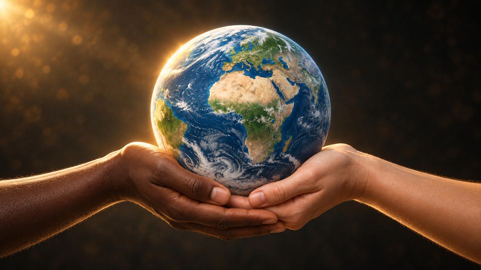 Two hands with different skin tones holding the Earth together